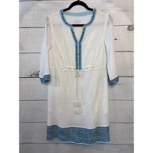 J. Jill Size XS White Linen Dress With Blue Trim